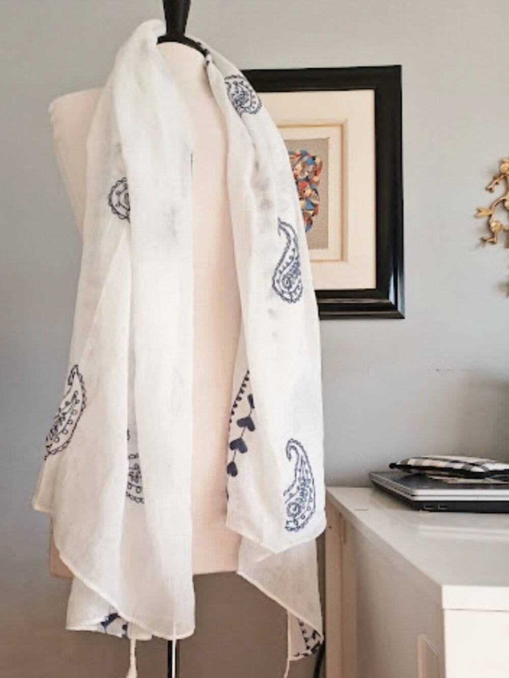 New white and light blue Embroidered hanging tassel scarf